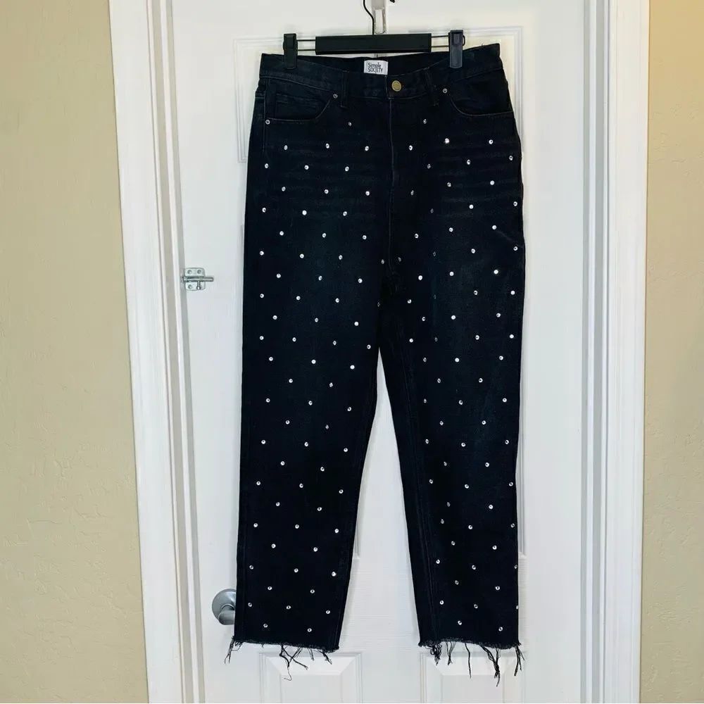 Simple Society | Rhinestone Black Jeans Straight Leg Super High Rise Raw Hem